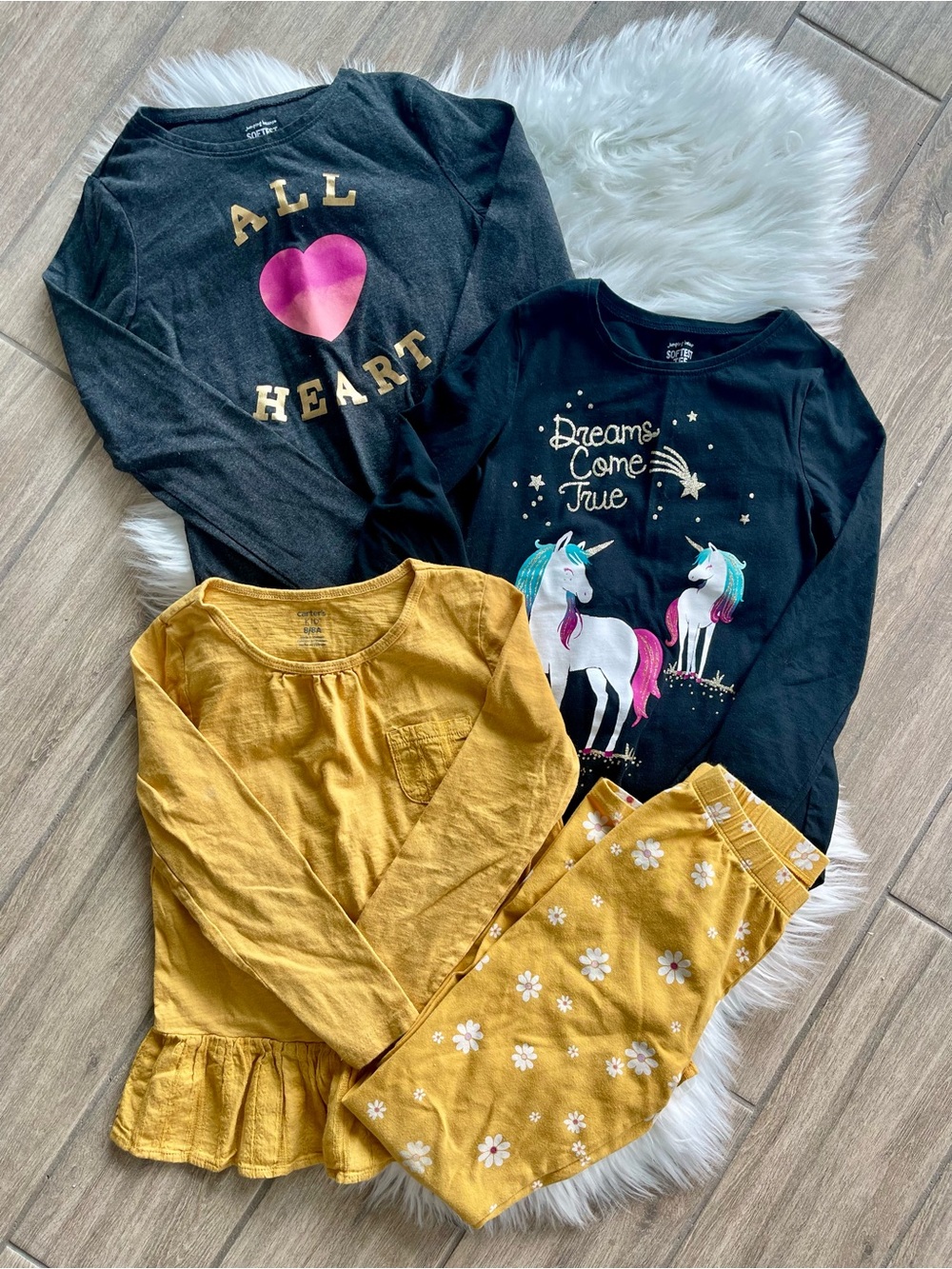 Girls' Long Sleeve Top Set - Mustard, Charcoal & Black Size 8